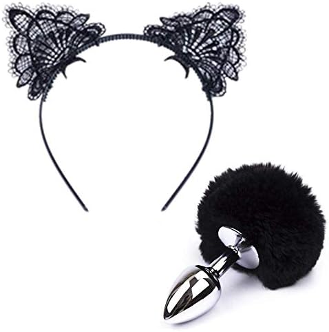 Fashion Dress Up Pretend Game Halloween Cosplay Party Toy Love Gift Costume Set Metal Fox/Dog Tail B-ütt an-âl Pl-ùg T-ö-ys + Lace Cat Ears Headdress For Women