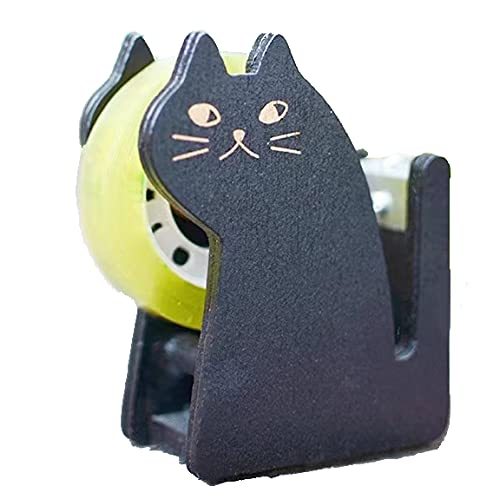 Tape Dispenser, Cute Cat Tape Dispenser, Vintage Wooden Kitty Tape Cutter with 1 Roll Tape for Home Office Desktop Accessory for Students Girls Boys