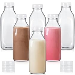 Peryiter 6 Pcs Glass Milk Bottle with Lid Reusable