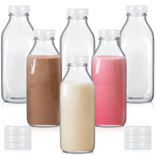 Peryiter 6 Pcs Glass Milk Bottle with Lid Reusable