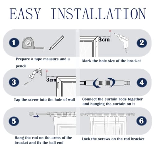 Curtain Poles for Eyelet Curtain Rod Door Curtain Pole Silver Curtain Rod Metal with Adjustable Brackets and Round Finials for Living Room, Bathroom, Bedroom（33-72.8inch, Silver）