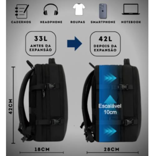 Mochila de Viagem Notebook Expansível Grande, Mochila Avião, Executiva, Antifurto, Reforçada, USB, Impermeável, Viagem a Trabalho, Escolar