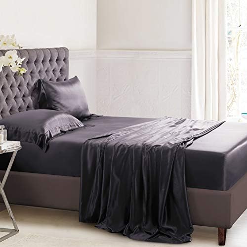 ElleSilk Charcoal Gray Pure Silk Sheet Set, 25 Momme Seamless Mulberry Silk, Full Size