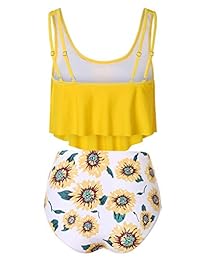 Lemonfish Women Flounce Bikini de cintura alta Scoop Neck Dos piezas Impresiones Traje de baño Flowy Traje de baño