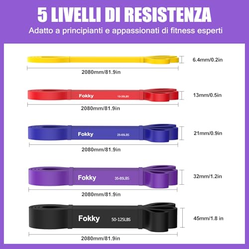 Fokky Elastici Fitness 5 Livelli di Resistenza, Elastico Palestra con Ancora per Porta,Guida agli Esercizi e Borsa da Trasporto per Allenamento di Forza,Stretching,Calisthenics,CrossFitness