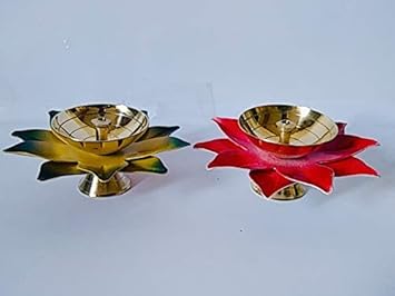 Lvi Craft Set of 2 Metal Akhand Diya Tealight Candle Holder Lotus Oil Lamp for Home Temple Diwali Puja Decor (Size: 3 Inches, Pack of 2)