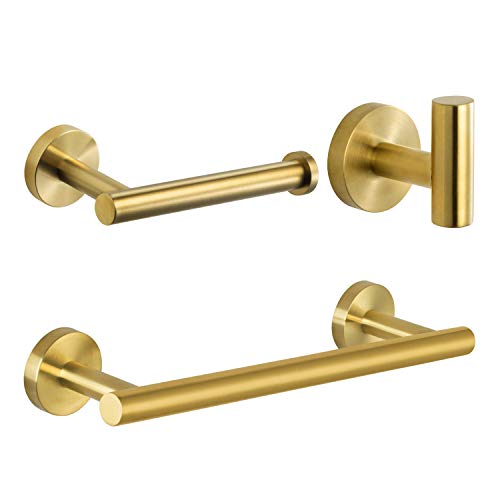 Nolimas 3-Pieces Brushed Gold Bathroom Hardware Set SUS304 Stainless Steel Round Wall Mounted - Includes 12" Hand Towel Bar,Toilet Paper Holder,Robe Towel Hooks,Bathroom Accessories Kit - Thumbnail 7