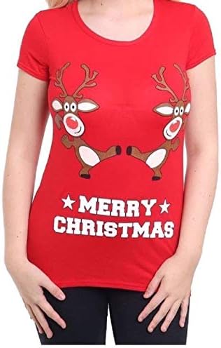 BIWTUP New Ladies Women Christmas Rudolph Festive Print T-Shirt Short Sleeve Top 8-30