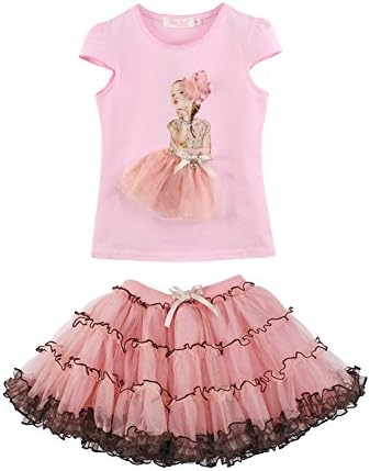 Domeiland Children Girls Clothes Sets For 2pc Ruffle Tops +Short Layer Lace Tutu Skirt 6T-10T (8T, Pink)