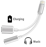 iPhone 7 Lightning to 3.5mm Power Audio Charge Headphone Jack Adapter Cable - Lightning Charging Port and Music Controller (no mic) Converter (Silver)
