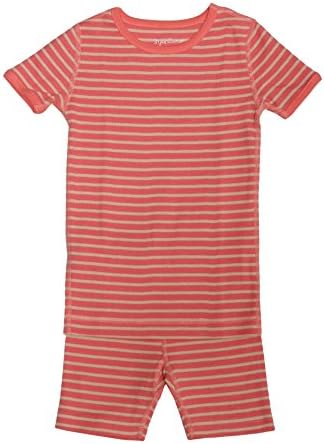 Skylar Luna Girl’s Short Sleeve Stripe Pajama Set – 100% Organic Cotton Shirt Shorts – Coral/Oatmeal - Sizes 8