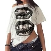 HOHOPEACH Streetwear Grunge One Shoulder Tops Women Teens Oversized Short Sleeve Graphic Tees Y2k Shirt Emo 2000s Clothing