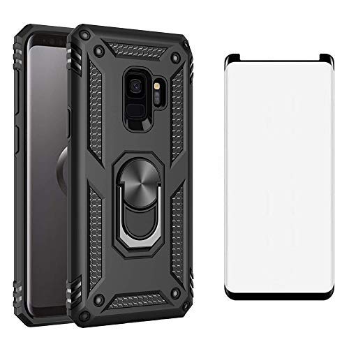 Phone Case for Samsung Galaxy S9 with Tempered Glass Screen Protector Cover And Magnetic Rugged Stand Ring Holder Mobile Accessories Protective Hard Shockproof Bumper Glaxay S 9 9S Edge GS9 Black