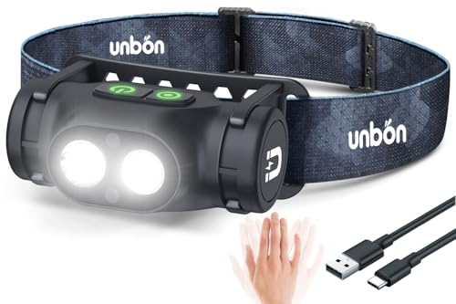 UNBON Ultra Powerful LED Headlamp, USB C Rechargeable Head Torch with Motion Sensor and Magnetic Base IPX4 Waterproof Lightweight Head Torch for DIY Hiking Camping
