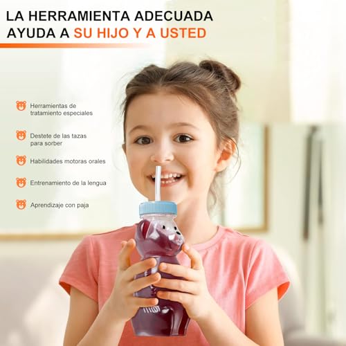 Vaso con popote para bebe 3 Piezas, vaso entrenador con popote, botellas en forma de oso, con cepillo para limpiar paja, grado alimenticio, sin BPA (Rosa + Púrpura + Azul)