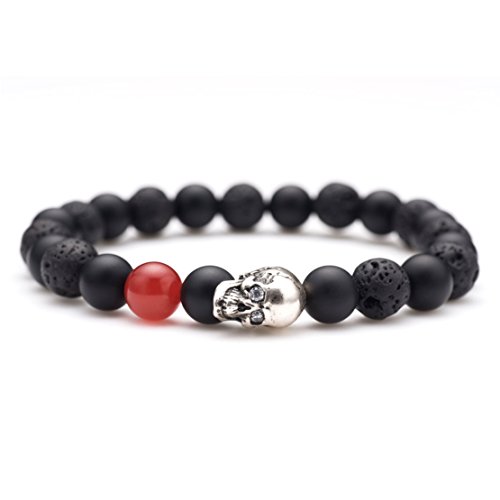 Karseer Black Matte Onyx and Lava Energy Stone Beaded Stretch Bracelet, Retro Silver Skull Gothic Punk Charm with Red Agate Emphasized Personality Bangle Jewelry Birthday Gift Unisex 7"