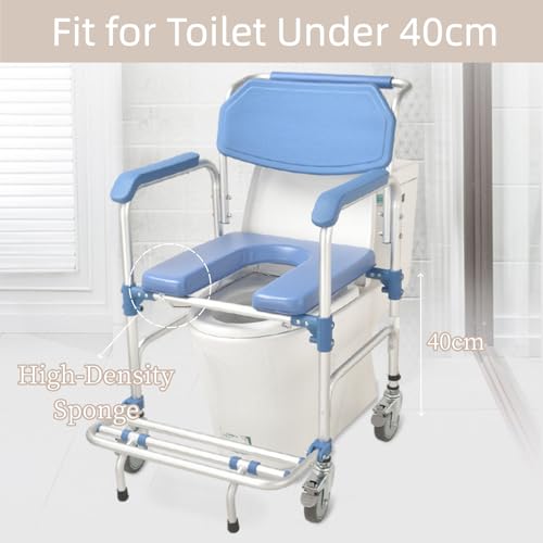 ybaymy 4-in-1 Wheeled Shower Chair, Bathroom Shower Chair with Wheels for Elderly, Waterproof Wheeled Commode Toilet Chair with Removable Bucket, Bedside Commode Chair on Wheels for the Disabled