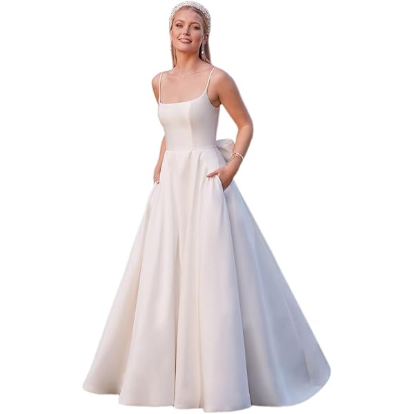 JAEDEN Elegant Satin Wedding Dress  Simple A-Line Bridal Gown with  Sleeveless Design Ivory 2 at Amazon Women's Clothing store