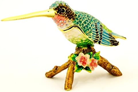 Humming Bird on Branch Trinket Box, Hand Set Swarovski Crystal, Hand Painted Blue Enamel Over Solid Pewter Base, Inside of Box with Lovely Enamel, Comes in Beautiful Gift Box, L 4.50 x H 2.75 x W 1.50
