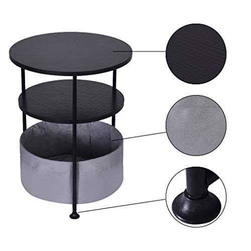 Hisoul Double/Three Layer Round Wood Side Table with Fabric Storage Basket, Multi-Purpose Small Simple Coffee Table for Home and Office (♥ Black, L-Size:16.14×20.87×16.14 Inch) - Thumbnail 2
