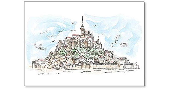 Le Mont Saint Michel, Francia. Dibujo a mano para nevera con diseño de acuarela