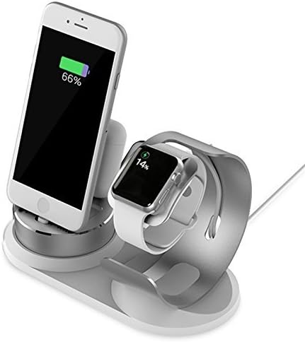Multiple Charging Station Stand Compatible for Apple Watch and iPhone,Aluminum Cell Phone Dock 4 in 1,not Charger,Silver and White Holder