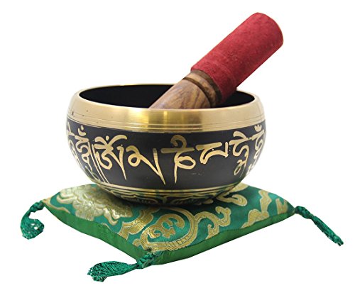 Tibetan Heavy Large Tibetan Buddhist Om Mani Padme Hum Singing Bowl With Rosewood Mallet and Silk Cushion Set