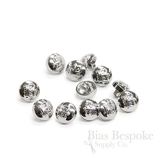Set of 12 Tiny Metal Crown Buttons, Silver Color, Made in China