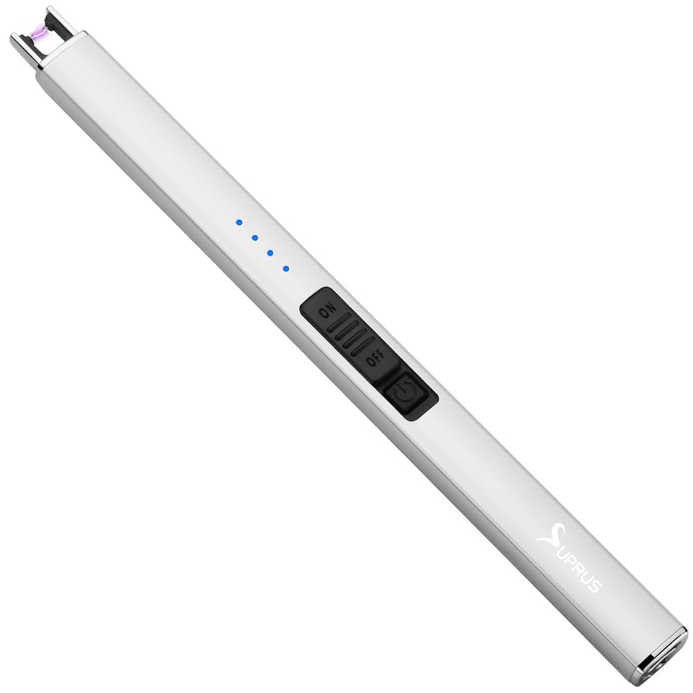SUPRUS Electric Arc Windproof Flameless USB Rechargeable Lighter with Safety Lock for Candle BBQ Camping (Light Silver)