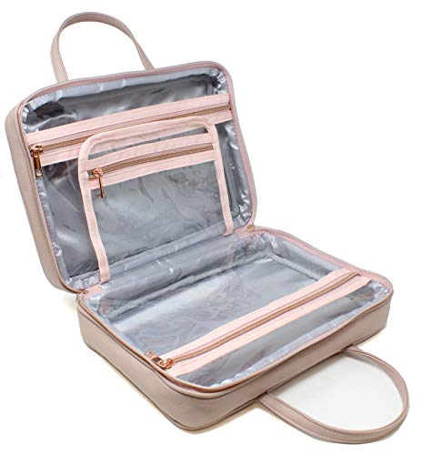 Leather Toiletry Travel Bag for Women - Large Cosmetic Size with 4 Pockets - Rose Gold Hardware and Satin Interior - Dusty Pink