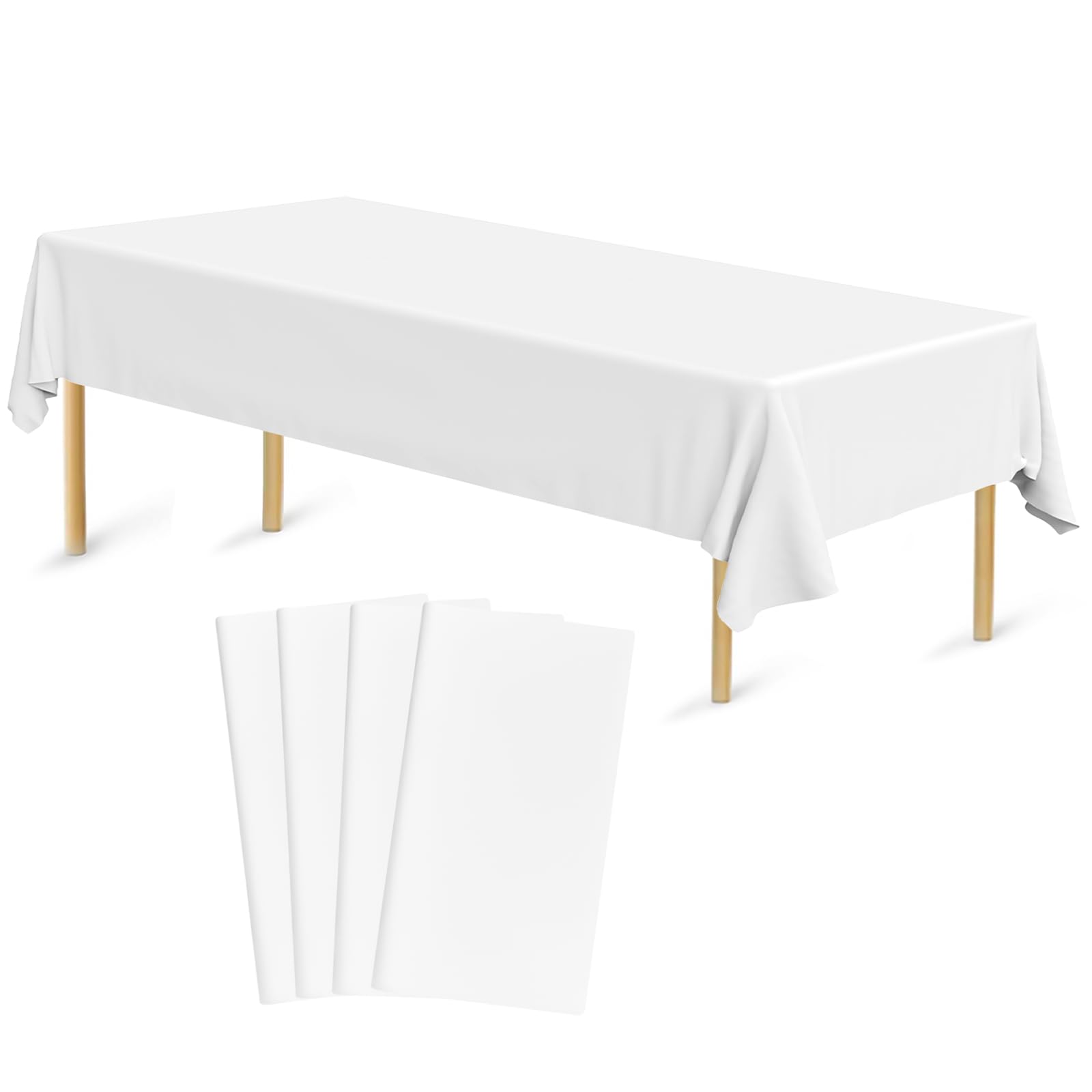 Bouiexye 4 Pack Disposable Table Cloth White Plastic Tablecloth 54 x 108 Inch Rectangular Tablecloths for Indoor Outdoor Party Birthdays Weddings Christmas Anniversary Buffet Table