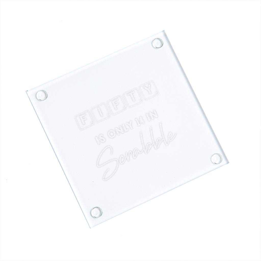 "Fifty Is Only 14 In Scrabble" Engraved Glass Coaster - Funny 50th Birthday Gift For Men or Women