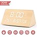 Warmhoming Wooden Digital Alarm Clock with 7 Levels Adjustable Brightness, Voice Command Electric LED Bedside Travel Triangle Alarm Clock, Display Time Date Week Temperature for Bedroom Office Home