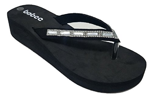 Women's Crystal Rhinestone Strap Platform Wedge Thong Flip Flop Summer Beach Sandals (8, Black)