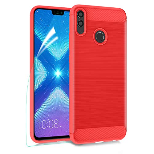 MMDcase for Huawei Honor 8X Case,Honor 8S Case with HD Screen Protector, Carbon Fiber Soft TPU Phone Case Brushed Texture Anti-Fingerprint Flexible Full-Body Protective Cover Shell, Red