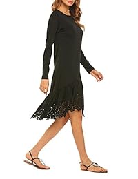 beyove Casual de la mujer Dobladillo irregular Hollow Out diseño de manga larga swing vestido de Midi