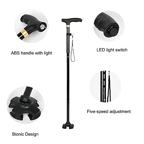 HaiYC 1 Pc Adjustable Folding Walking Cane Adjustable & Portable Aluminum Alloy LED Walking Stick Mobility Aid for Old Gentleman or Lady Black