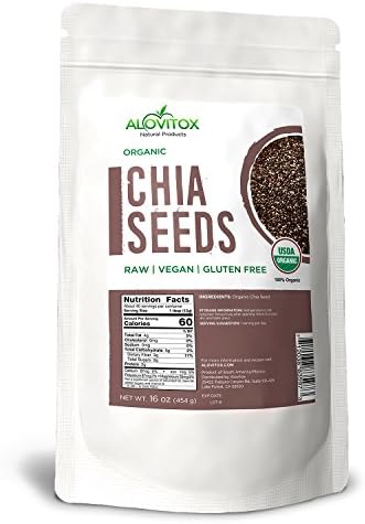 USDA Certified Organic, Non-GMO, Raw, Premium Black Chia Seeds, 16 oz Bag by Alovitox