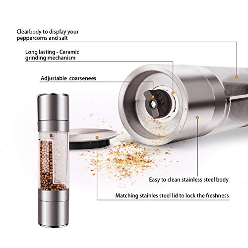 Mixoo Salt and Pepper Grinder Set, 2 in 1 Features with 2 Adjustable Ceramic Coarseness and 2 Fillable Spaces, Brushed Stainless Steel and Clear Acrylic Body - Thumbnail 4