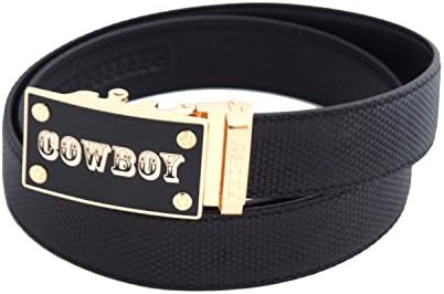 FEDEY Mens Classic Ratchet Leather Statement Belt w Automatic Buckle (Large, Black/Gold - COWBOY)