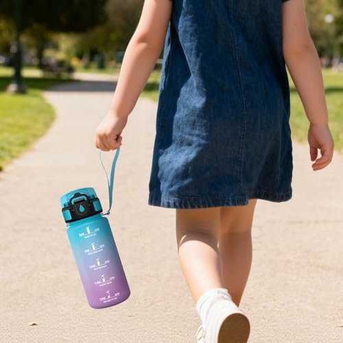 Garrafa de água infantil, 500ml com palha, cantil infantil, à prova de fugas, garrafas de água para crianças, com marcador de horas, cantina, para escritório, escola, yoga, azul roxo