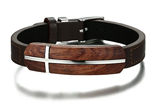 Vnox Elegant Rosewood Genuine Leather Cross Inlay Tag Belt Buckle Clasp Adjustable Bracelet for Men Women