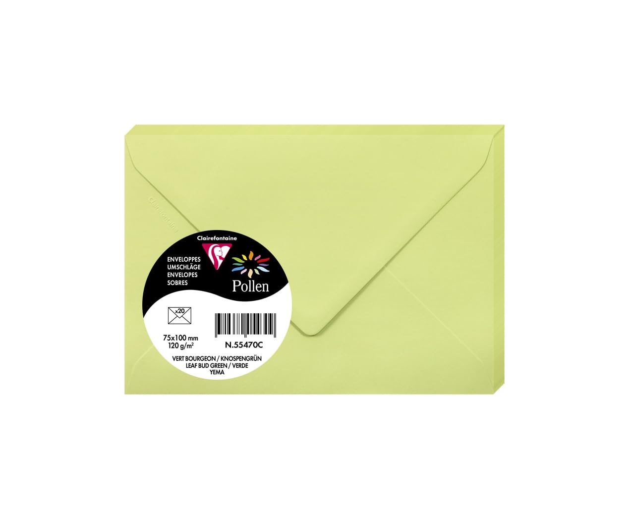 Clairefontaine 55470C Pack of 20 Gummed Envelopes Format 7.5x10cm 120g/m² Leaf Bud Green Invitation Events Correspondence Pollen Range Premium Smooth Paper