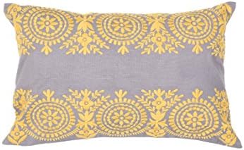 Jaipur Floral Pattern Yellow/Gray Cotton Polly Fill Pillow, 14-Inch x 20-Inch, Monument Max6