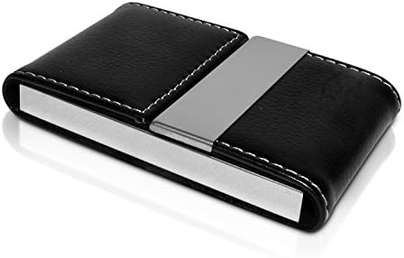NICESTILE Business Card Holder, PU Leather Stainless Steel Name Card Case Holder with Magnetic Shut Double Sided Open (Black)