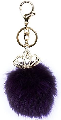 Jofook- Clearance Sale Real Fox Fur Ball with crown Pearl Rhinestone KeyChain for Bag Decoration (purple)