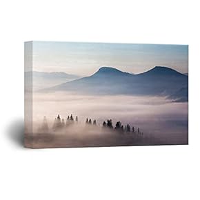Canvas Wall Art - Black Mountains with Fog at Sunset Time - Giclee Print Gallery Wrap Modern Home Art Ready to Hang - 12" x 18