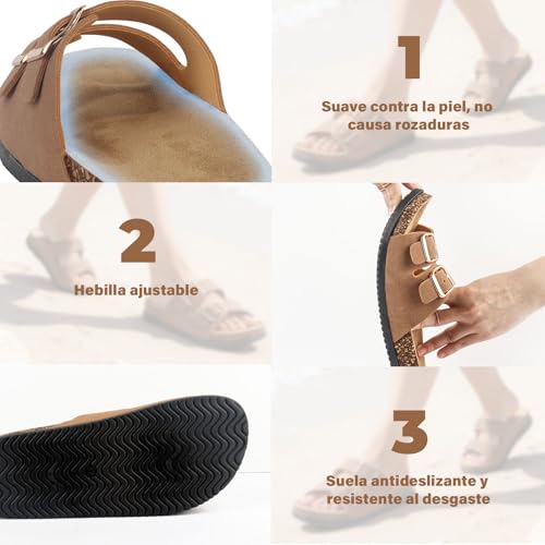 GALASALA Sandalias Mujer, Chanclas de Mujer con Plantilla de Corcho, Antideslizantes y Hebilla Ajustable, Pantuflas Mujer, Unisex Chanclas para Playa, Baño y Casa