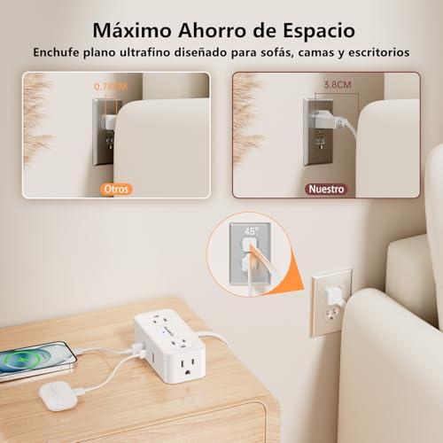 SMALLRT Multicontacto Extension Electrica Plano, Regleta Multicontacto 3 USB(1 USB C), 6.5FT Extensión Plana para Pared con 4 Salidas de CA, Conector Multiple Enchufe para Hogar, Oficina, Cruceros