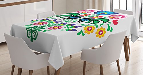 Gallos Decor Tablecloth by Ambesonne, Polish Embroidery with Roosters Garden Happy Fashion Celebration Spring Slav Poland Art, Dining Room Kitchen Rectangular Table Cover, 52 X 70 Inches